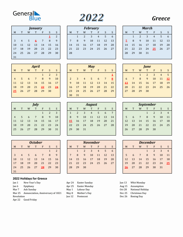 Greece Calendar 2022 with Monday Start