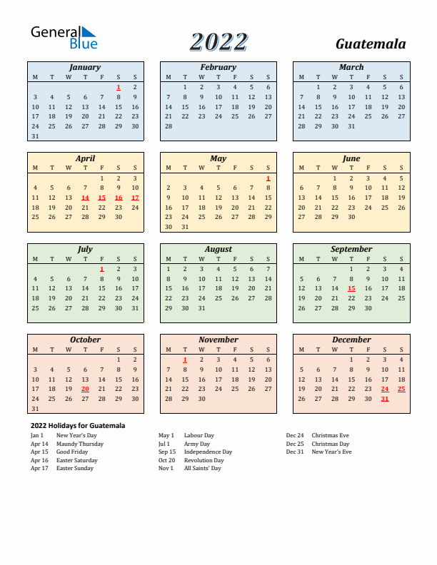 Guatemala Calendar 2022 with Monday Start