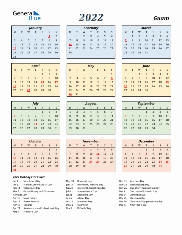 Guam Calendar 2022 with Monday Start