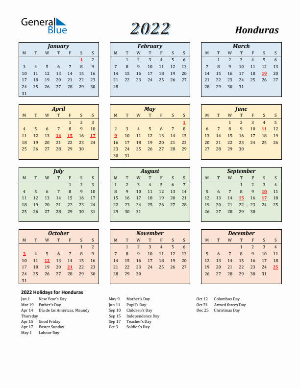 Honduras Calendar 2022 with Monday Start