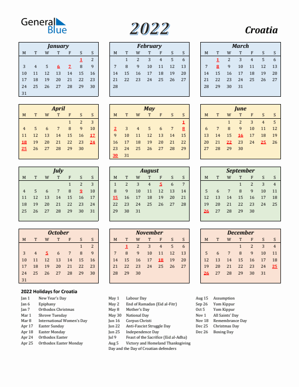 Croatia Calendar 2022 with Monday Start