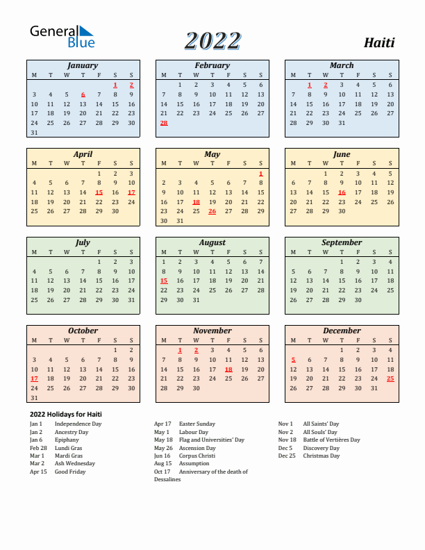 Haiti Calendar 2022 with Monday Start