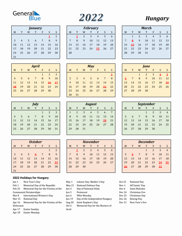 Hungary Calendar 2022 with Monday Start
