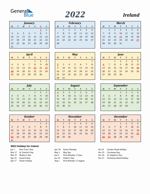 Ireland Calendar 2022 with Monday Start