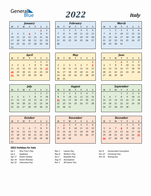 Italy Calendar 2022 with Monday Start