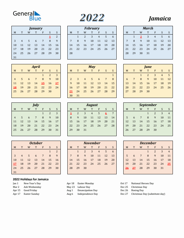 Jamaica Calendar 2022 with Monday Start
