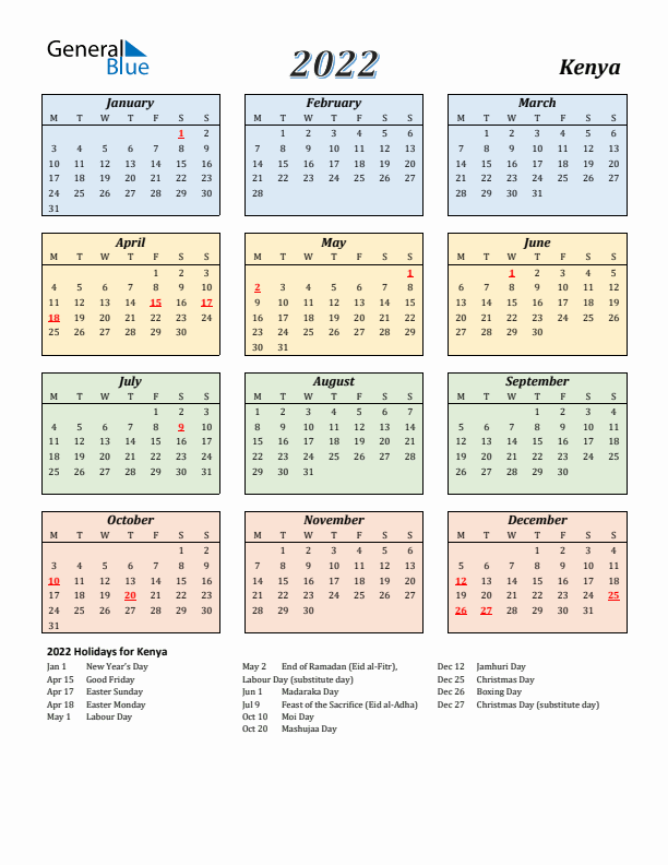 Kenya Calendar 2022 with Monday Start