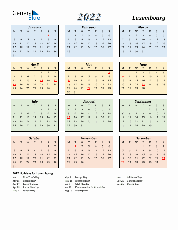 Luxembourg Calendar 2022 with Monday Start