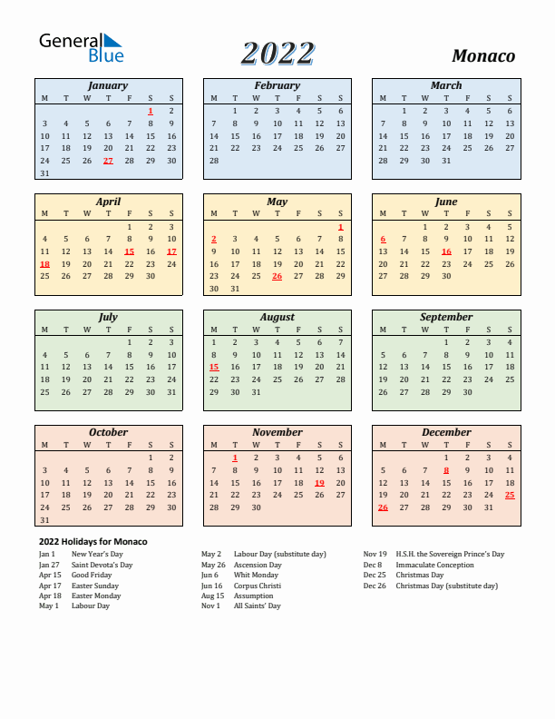 Monaco Calendar 2022 with Monday Start