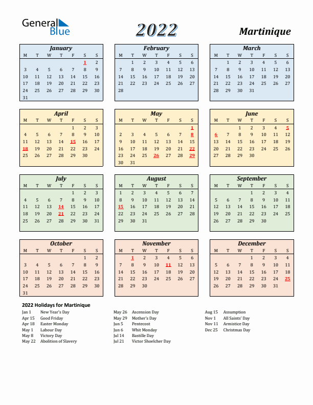 Martinique Calendar 2022 with Monday Start