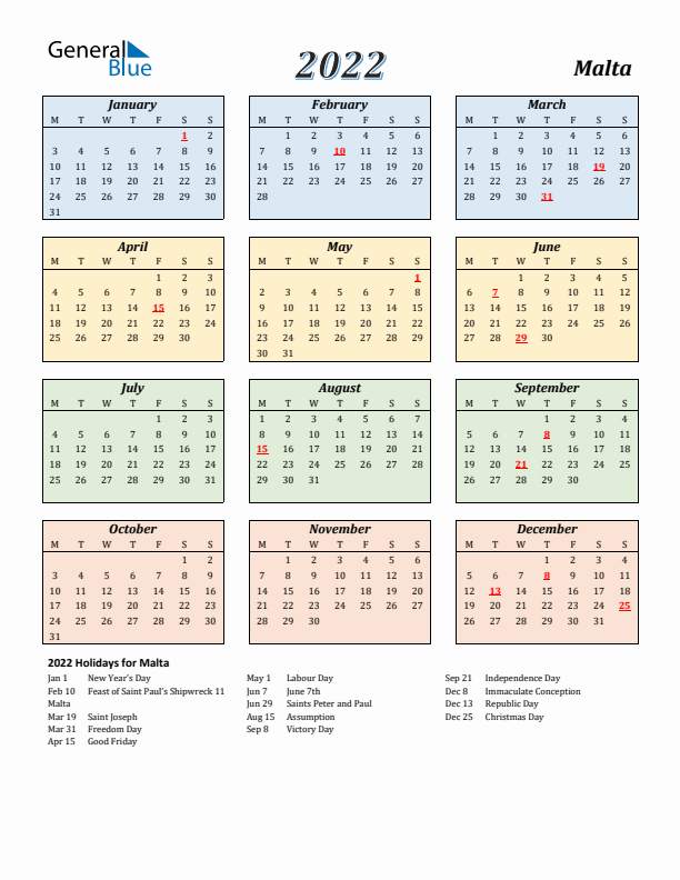 Malta Calendar 2022 with Monday Start