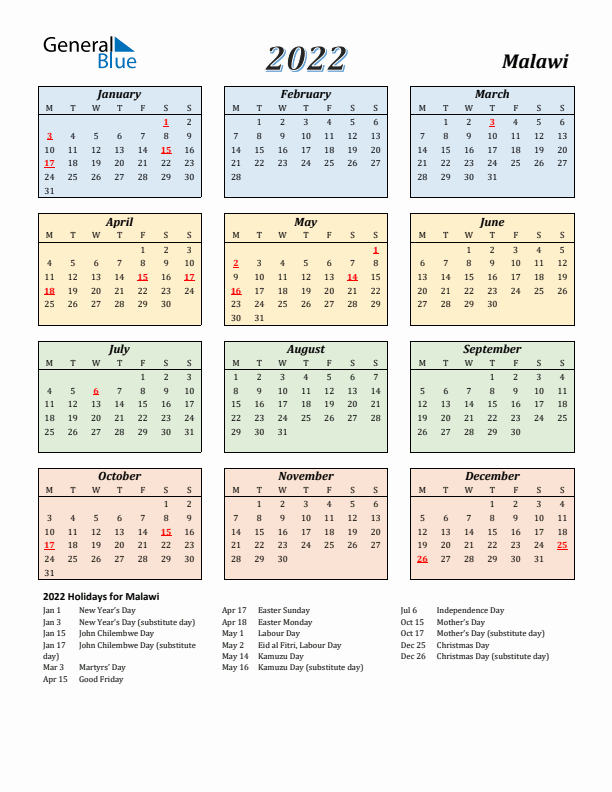 Malawi Calendar 2022 with Monday Start