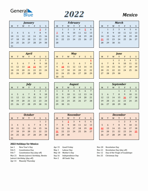 Mexico Calendar 2022 with Monday Start