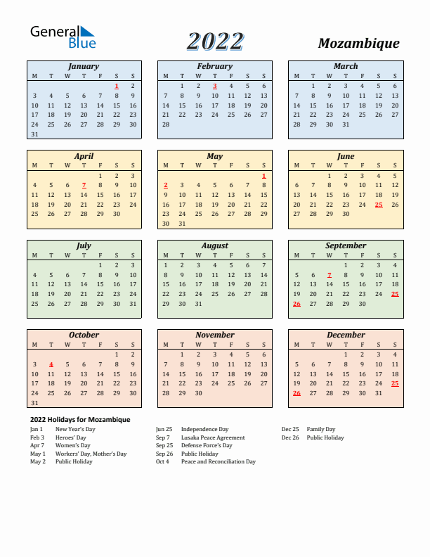 Mozambique Calendar 2022 with Monday Start