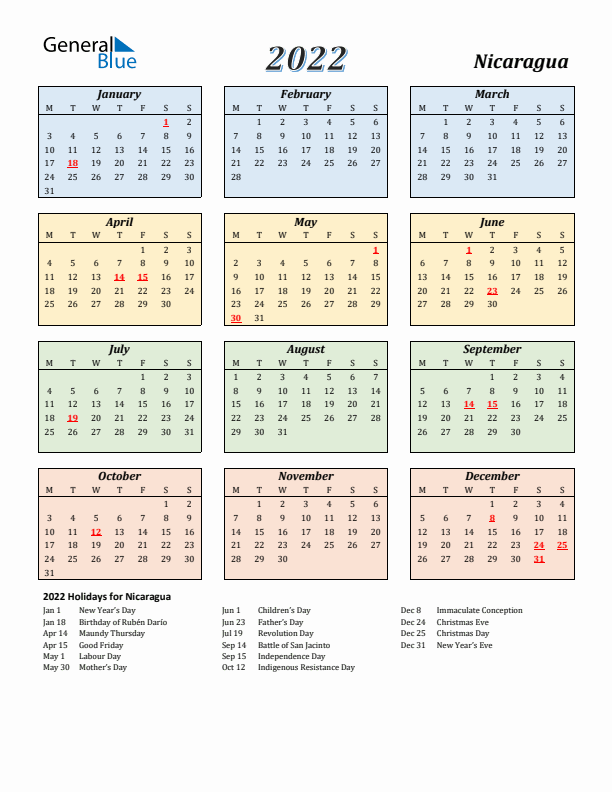 Nicaragua Calendar 2022 with Monday Start