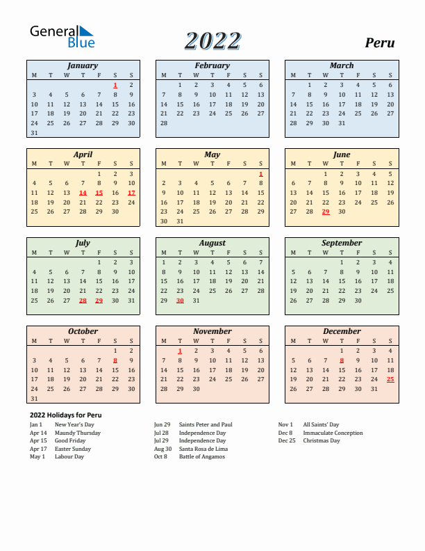 Peru Calendar 2022 with Monday Start