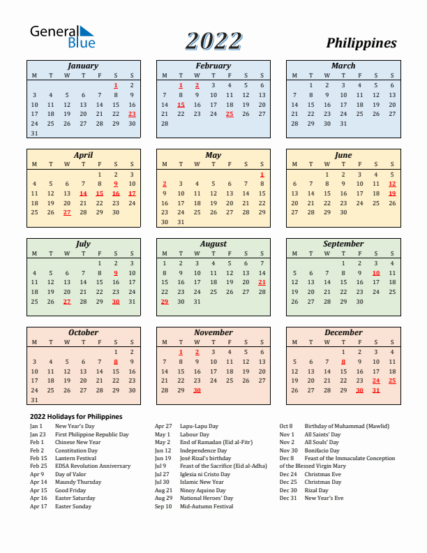 Philippines Calendar 2022 with Monday Start