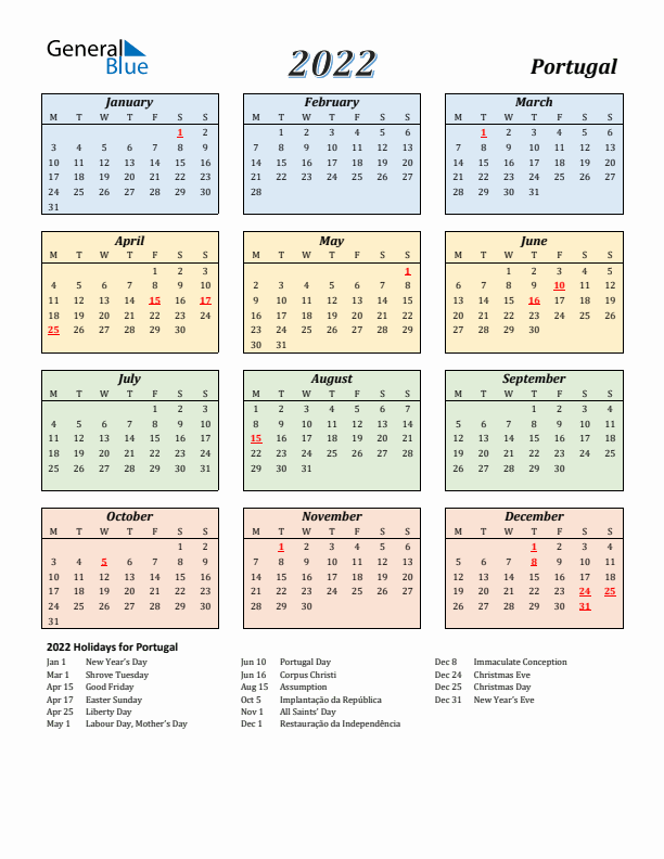 Portugal Calendar 2022 with Monday Start