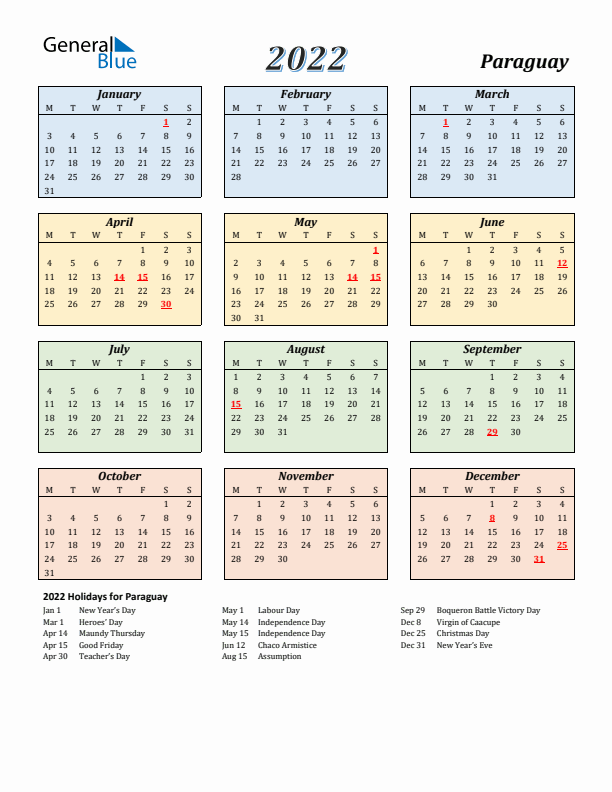 Paraguay Calendar 2022 with Monday Start
