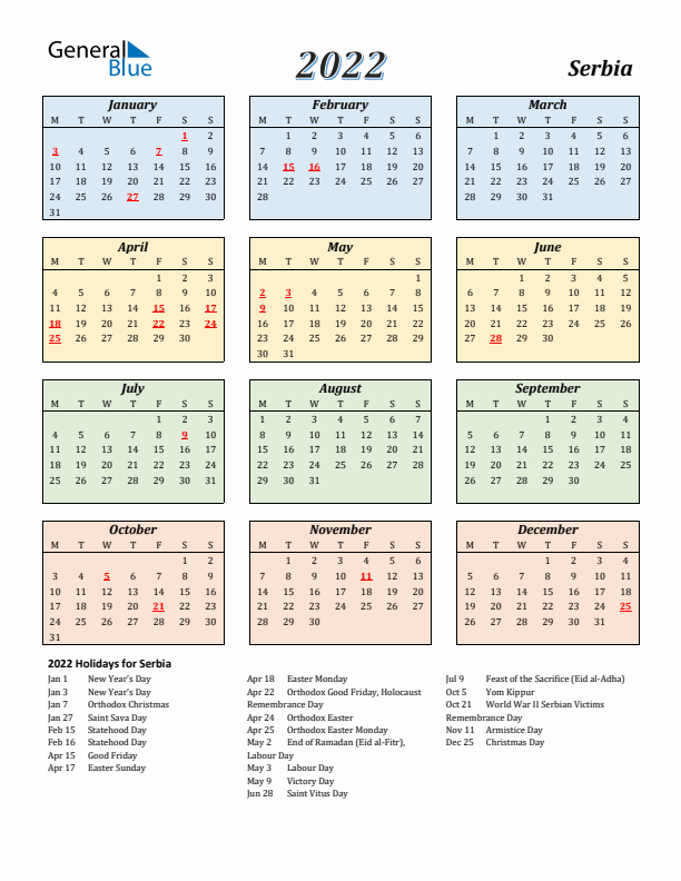 Serbia Calendar 2022 with Monday Start