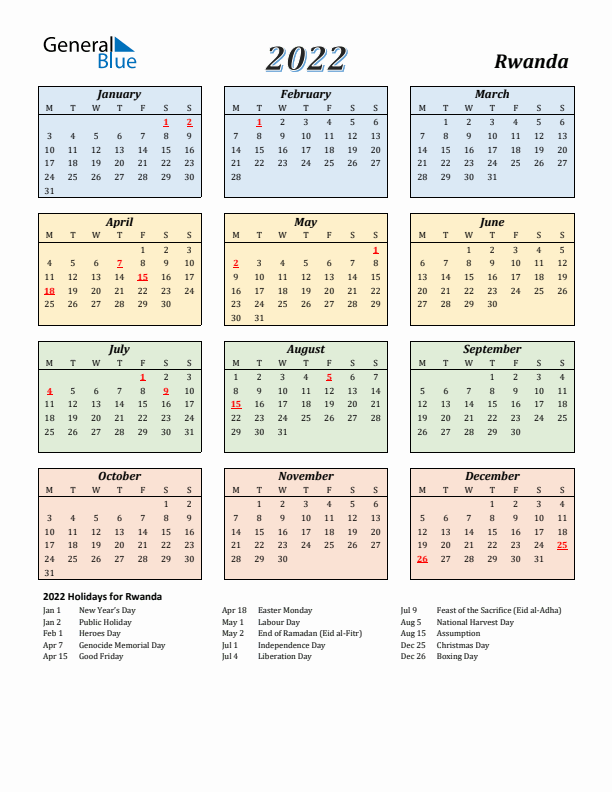 Rwanda Calendar 2022 with Monday Start