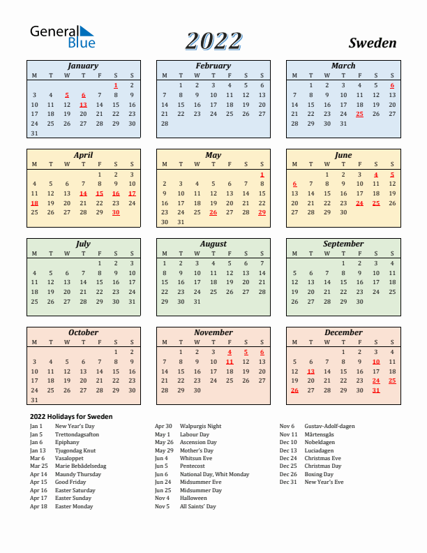 Sweden Calendar 2022 with Monday Start