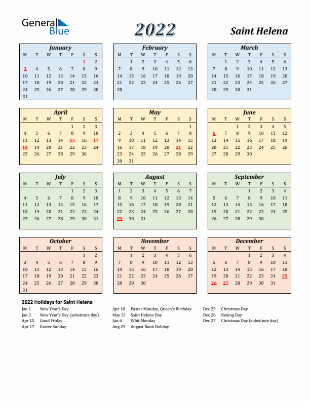 Saint Helena Calendar 2022 with Monday Start