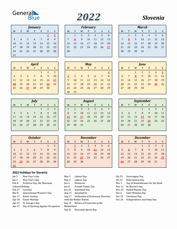 Slovenia Calendar 2022 with Monday Start