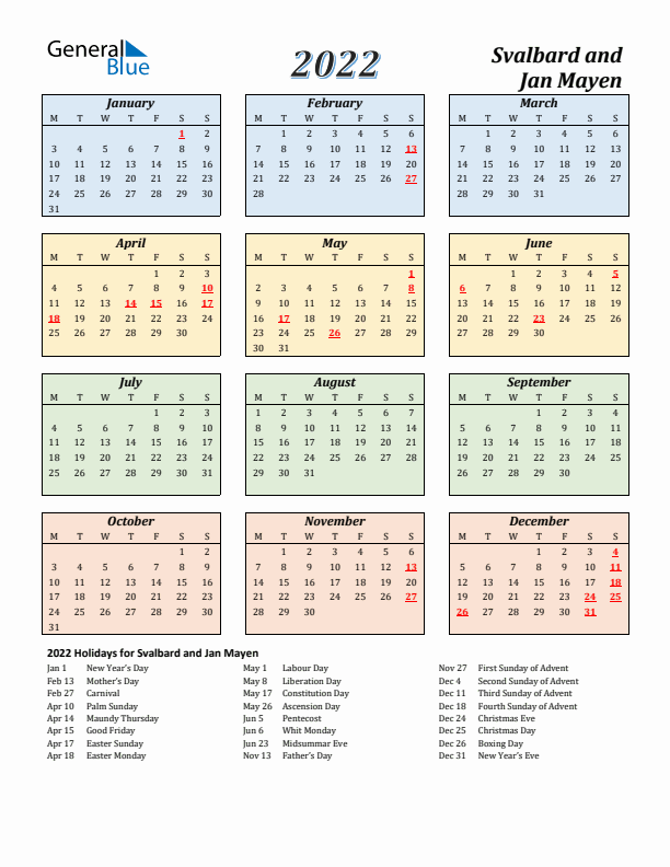 Svalbard and Jan Mayen Calendar 2022 with Monday Start