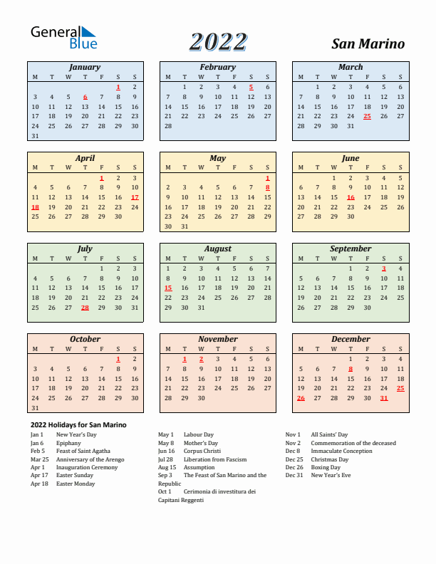 San Marino Calendar 2022 with Monday Start