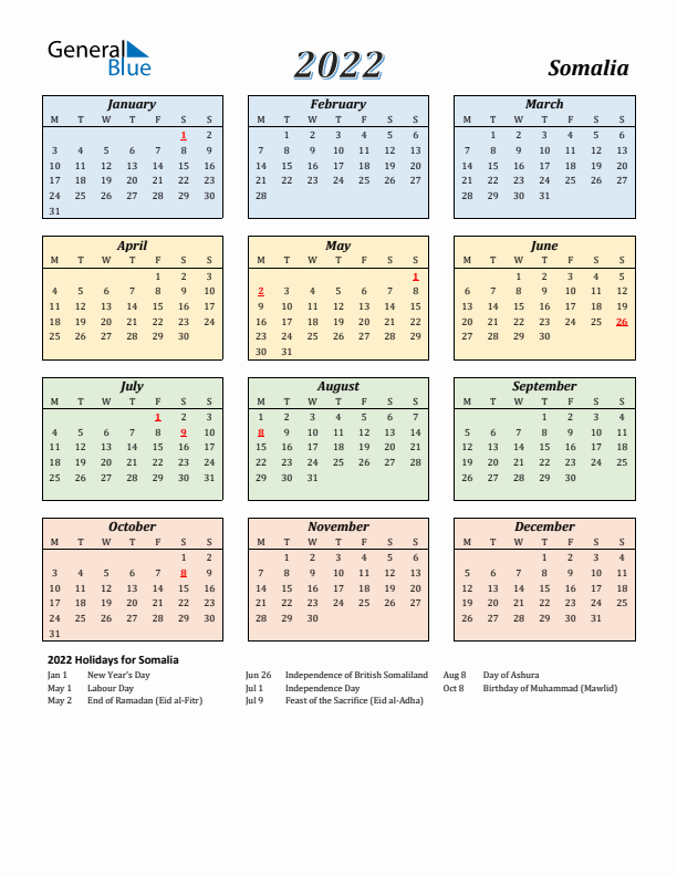 Somalia Calendar 2022 with Monday Start