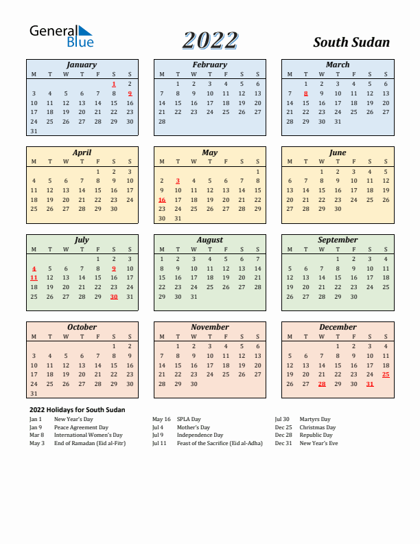 South Sudan Calendar 2022 with Monday Start