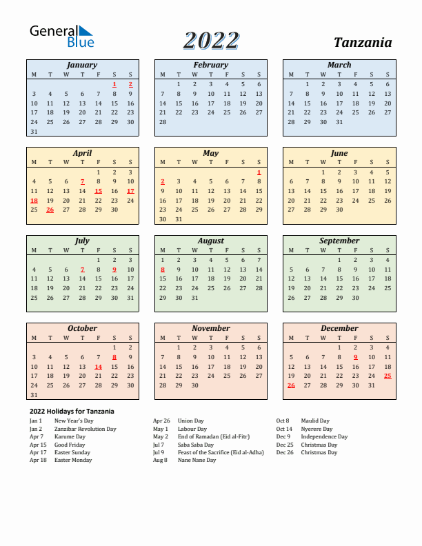 Tanzania Calendar 2022 with Monday Start