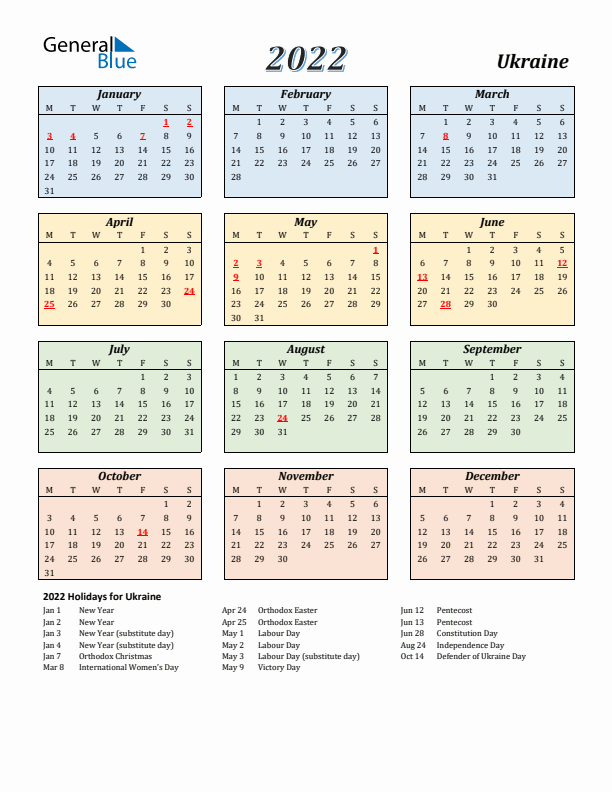 Ukraine Calendar 2022 with Monday Start