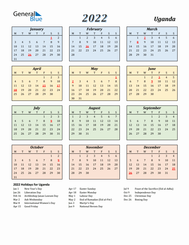 Uganda Calendar 2022 with Monday Start