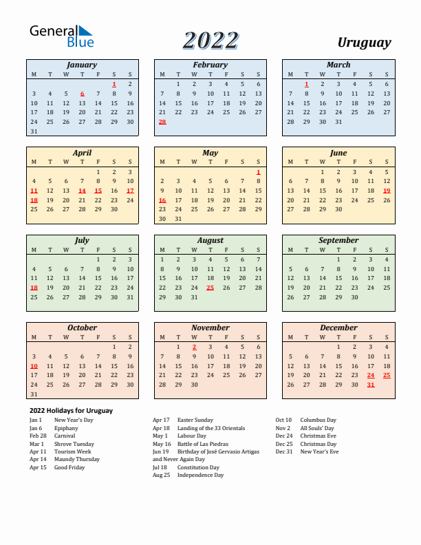Uruguay Calendar 2022 with Monday Start