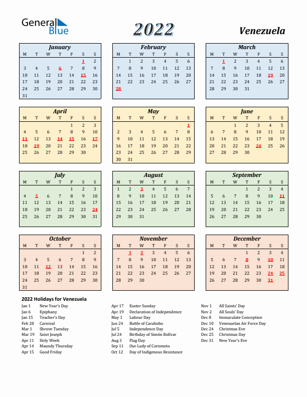 Venezuela Calendar 2022 with Monday Start