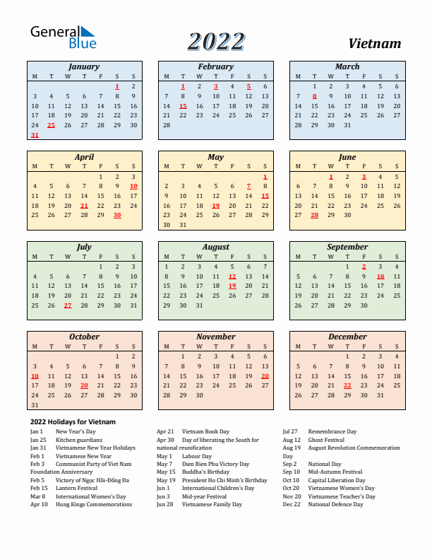 Vietnam Calendar 2022 with Monday Start