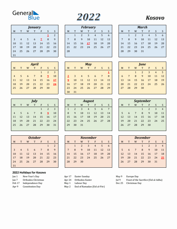 Kosovo Calendar 2022 with Monday Start