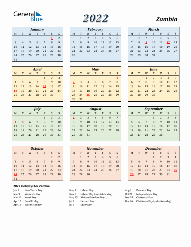 Zambia Calendar 2022 with Monday Start