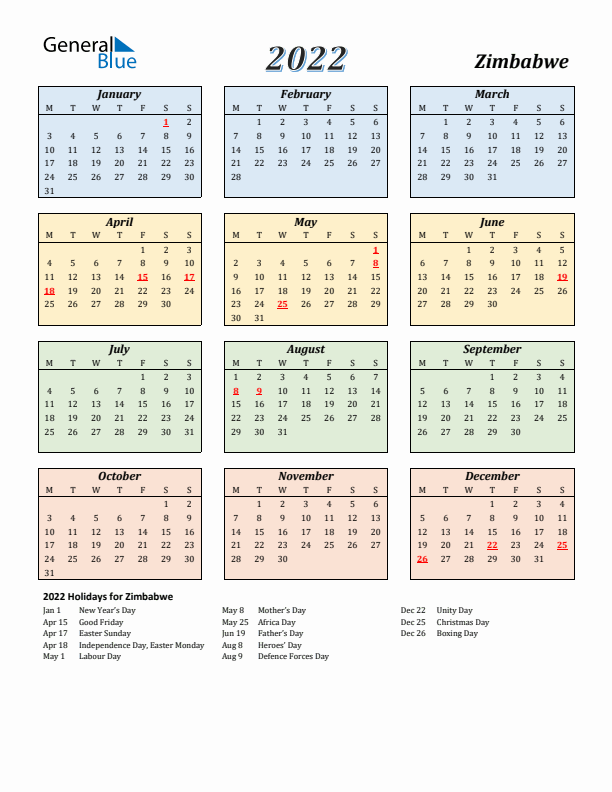 Zimbabwe Calendar 2022 with Monday Start