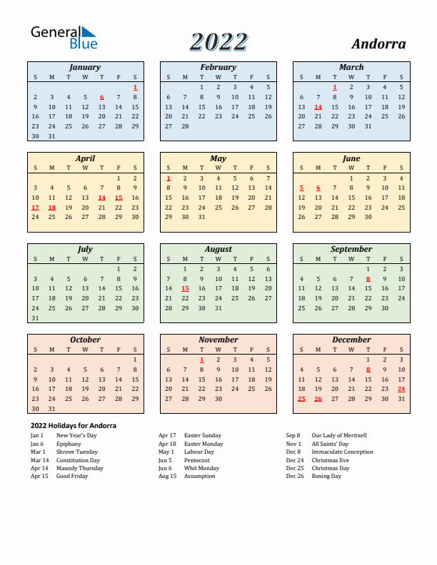 Andorra Calendar 2022 with Sunday Start