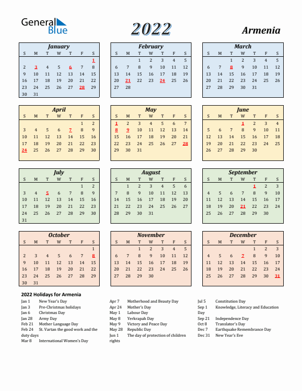 Armenia Calendar 2022 with Sunday Start