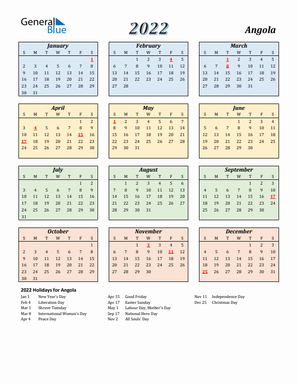 Angola Calendar 2022 with Sunday Start