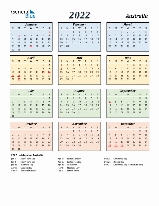 Australia Calendar 2022 with Sunday Start