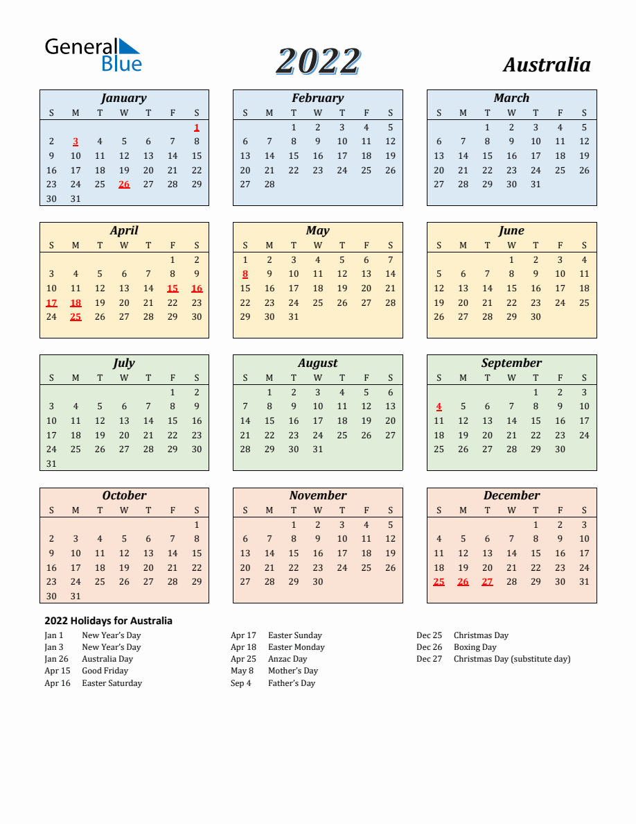 2022 Australia Calendar with Sunday Start