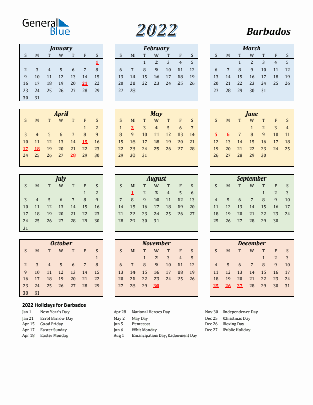 Barbados Calendar 2022 with Sunday Start