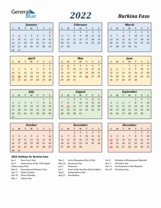 Burkina Faso Calendar 2022 with Sunday Start