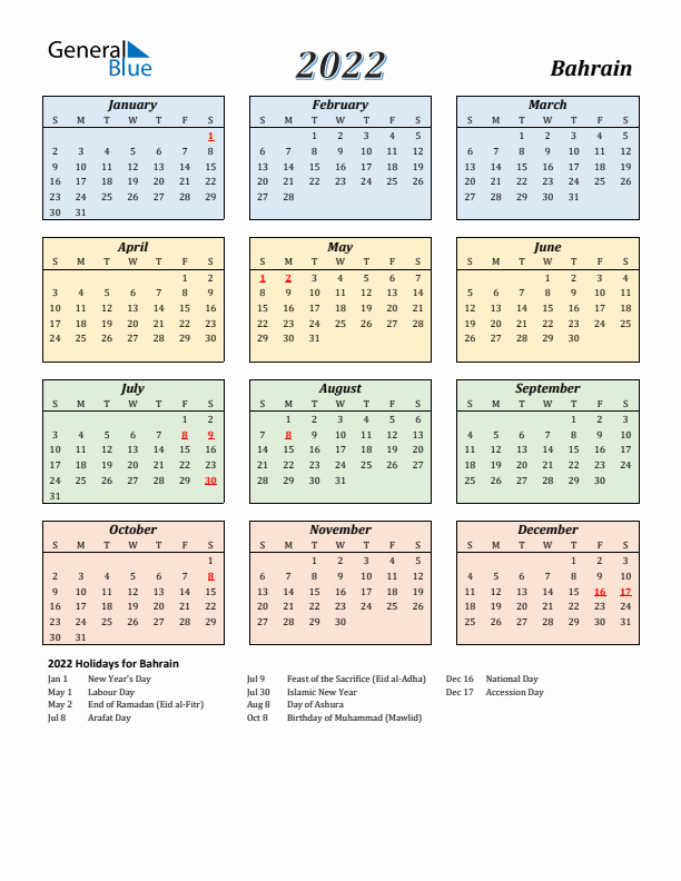 Bahrain Calendar 2022 with Sunday Start