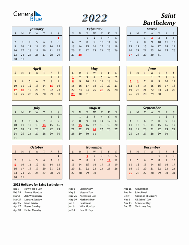 Saint Barthelemy Calendar 2022 with Sunday Start